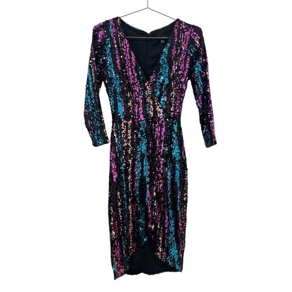 AQUA Sequin Shiny Faux Wrap Cocktail Midi Evening Dress Size 6 Birthday Special - Picture 3 of 15